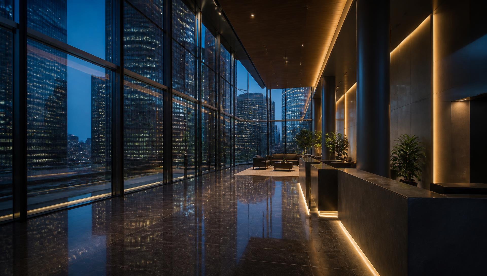 Modern corporate headquarters at blue hour